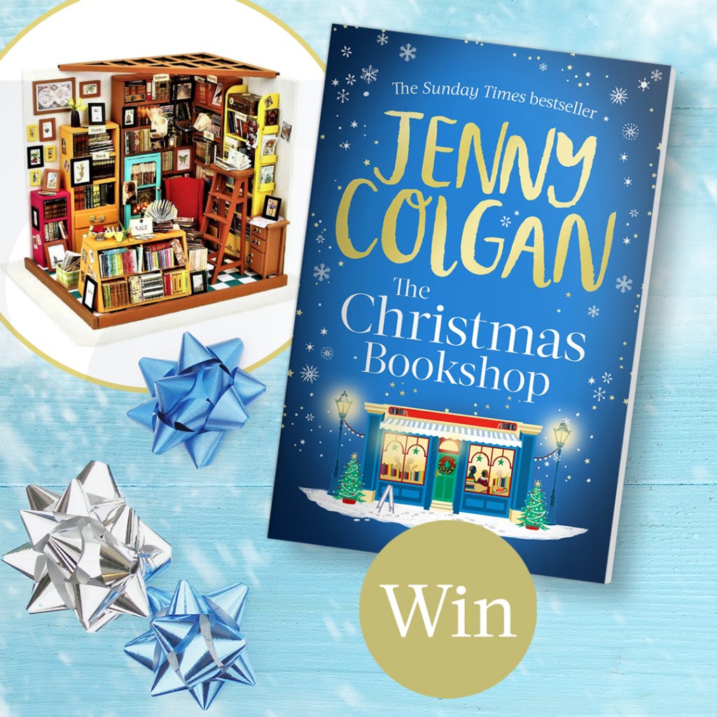 A picture of the cover of Jenny Colgan's The Christmas Bookshop on the right with a gold circle that says WIN in the centre of it. On the left is a white circle with a Craft Bookstore centred, with three Christmas ribbons on the bottom left