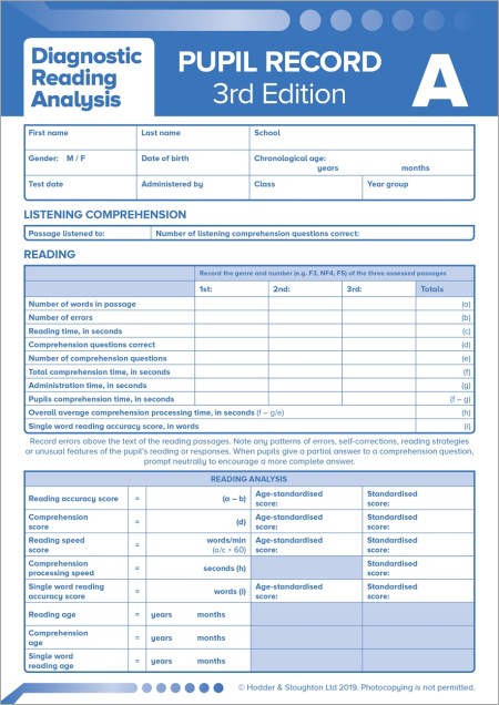 DRA Pupil Record Sheet A 3ED PK10 (Diagnostic Reading Analysis)