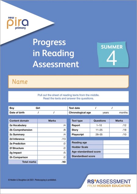 New PiRA Test 4, Summer PK10 (Progress in Reading Assessment)